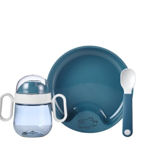 Baby dinnerware Mepal Mio 3-piece set - deep blue - 3-piece baby dinnerware set Mepal Mio. The set includes a leakproof sippy cup, trainer plate, and trainer spoon.