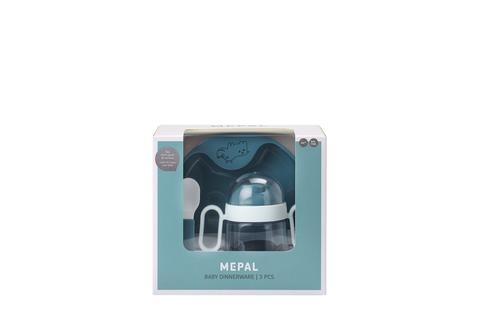Seconds image for Baby dinnerware Mepal Mio 3-piece set - deep blue - 3-piece baby dinnerware set Mepal Mio. The set includes a leakproof sippy cup, trainer plate, and trainer spoon.