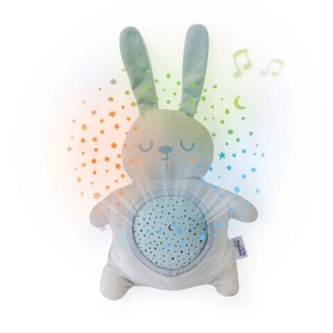 2284 PSP01-RABBIT. Musical star projector-fabric bunny. Charges with AA batteries - This is definitely the ultimate solution to ensure a peaceful night's sleep. A soft stuffed bunny and a musical star projector, now combined to become one! The headlight is easily removed so you can wash the stuffed bunny in the washing machine. This little bunny creates a beautiful star-filled sky on the ceiling of the room, while playing a soft lullaby to calm the child. Colors change automatically, although parents can choose just one color if they wish. The stuffed bunny is easily removed and can be put in the washing machine. The musical star bunny star light automatically turns off after 22 minutes (15 minutes for music). Lightweight and small in size, you can take it with you on outings and trips, making it easier to stick to your sleep schedule wherever you are. Suitable for use from the first day of birth.