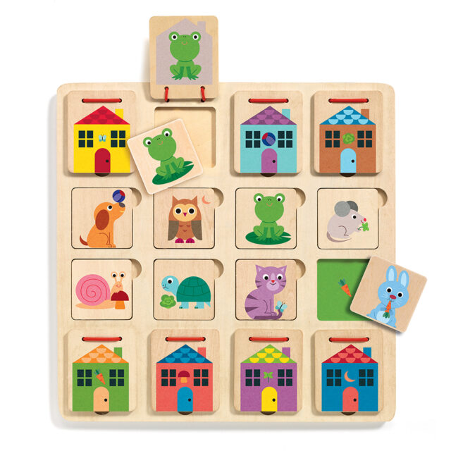 Djeco Wooden observation puzzle 'Animals and their little house' Code: 01520 - Behind every door is a pet, but which one? The aim of the game is to identify the home of each animal. Look for the correct door and place all the animals in their home. In front of each door are objects that belong to a particular animal. The child must associate the object with the animal to which it corresponds, lift the door and place the animal in its place. Fun and educational logic game designed by Georgette for Djeco. Dimensions: 25 x 25 x 1,2 cm