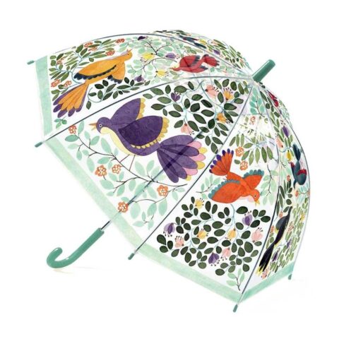 Djeco Children's Umbrella 'Flowers' 70cm. Code: 04804 - The umbrella  from Djeco is here to brighten up the rainy days of the year. The transparent PVC material of the umbrella allows the child to see and observe around, while the high canopy provides great protection from raindrops. The Fibreglass material offers a strong and durable frame. Its manual opening mode protects our little ones fingers. The plastic caps on the edges from the rays make the umbrella completely safe and suitable for children from 3 years and up. The illustration with the birds will catch the child's attention from the first moment. Designed by Anna Emilia. Dimensions: 70 x 68 cm