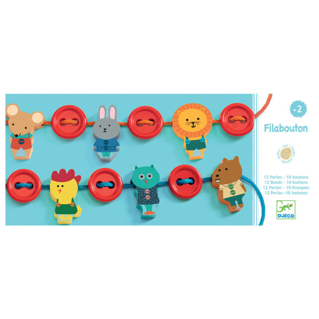 Djeco Educational game for fine motor skills with string... Code: 06162 - Educational set of colored wooden beads and animals, by Djeco. Helps children improve skills such as hand-eye coordination and fine movement. The set includes 12 wooden animals, 10 buttons and 2 strings. Suitable for children 2 years and older. Packaging dimensions: 28 x 3 x 12cm.
