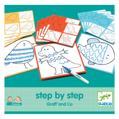 Djeco step-by-step painting 'Animals' Code: 08324 - Draw your own animals with the Djeco painting set! It guides our little painters step by step to learn how to draw in three stages! The set includes 12 double-sided cards, 1 drawing board, a marker and the special wipe cloth to erase the board. Suitable from 4 to 7 years old. Packing dimensions: 21.5 x 21.5 x 3 cm.