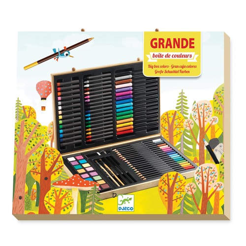 Third image for Djeco Big painting set Code: 09750 - Djeco has created a complete set of crayons in a wide variety of colours so that our little artists can paint and draw! The set includes markers, watercolors, crayons, pastels, brushes, eraser and sharpener. Easy to carry as it comes in a case (no handle). The outer surface of the package is designed to be painted by the child with which colours they like. Suitable from 6 years and above.