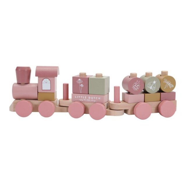 LD7035 LITTLE DUTCH. Wooden train with fine movement exercise Flowers 45cm. - Wooden train with bricks in various shapes and numbers.