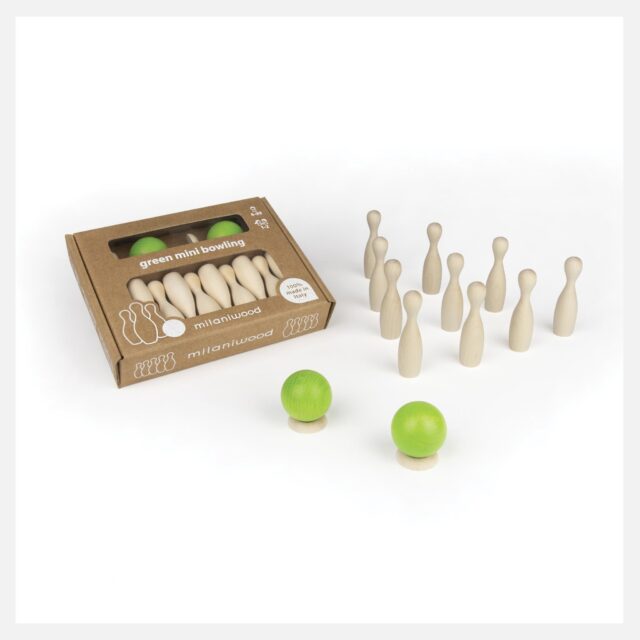 MILANIWOOD. Wooden board game "Mini green bowling" - A mini, portable version of one of the world’s most recognised games, a favourite for adults and children alike. Made with maple wood, the lines are essential yet contemporary. This is one of those games that doubles as a slightly unique furnishing accessory. It has minimalist lines and, thanks to the two ball holders, it can be placed anywhere, adding a lively touch to any home or office. A superb gift any time you don’t want to strike out! Green mini bowling is made with wood from forests managed using a socially and environmentally responsible approach.                                                10 maple wood pins (7cm), 2 green balls and 2 maple wood ball holders (100% FSC®).