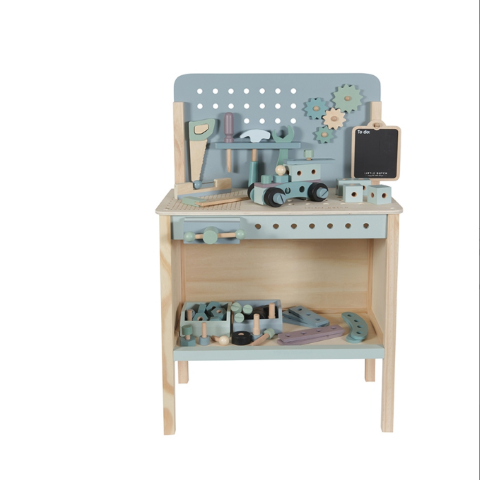 LD4448 LITTLE DUTCH. Wooden tool bench (natural-soft green) - The bench of our favorite company Little Dutch is a wooden educational role-playing game, which develops children's motor skills, encourages them to learn, discover and play with imagination and patience.
