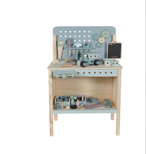 LD4448 LITTLE DUTCH. Wooden tool bench (natural-soft green) - The bench of our favorite company Little Dutch is a wooden educational role-playing game, which develops children's motor skills, encourages them to learn, discover and play with imagination and patience.