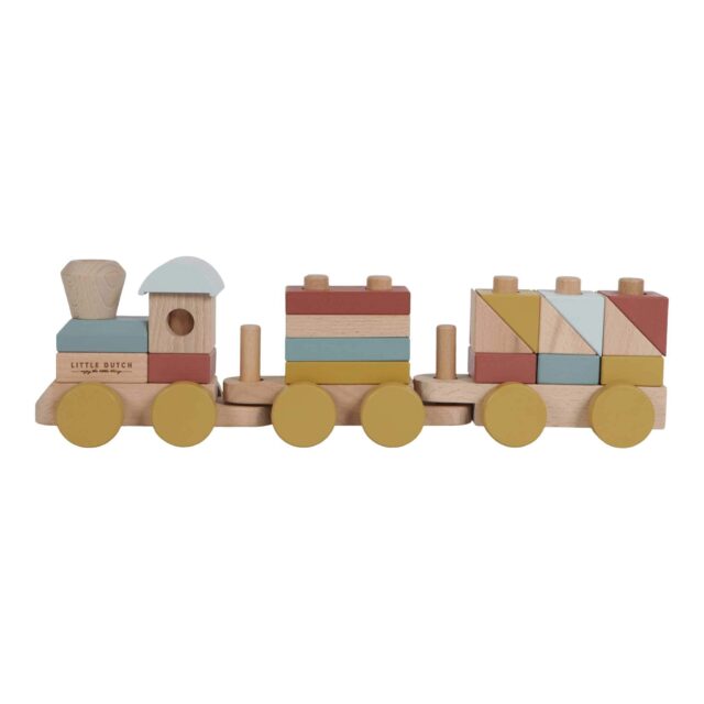Third image for LD4702 LITTLE DUTCH.  Stacking train Pure & Nature - All aboard! Here is the beautiful wooden train from Little Dutch’s Pure & Nature Collection. Use your imagination to build the train using the stacking blocks in various shapes and modern colours. This toy challenges children to make different train combinations, which is great for their hand-eye coordination and fine motor skills. It also makes a nice accessory for the nursery or playroom. Made of FSC certified wood.