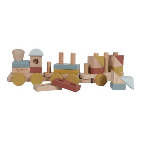 LD4702 LITTLE DUTCH.  Stacking train Pure & Nature - All aboard! Here is the beautiful wooden train from Little Dutch’s Pure & Nature Collection. Use your imagination to build the train using the stacking blocks in various shapes and modern colours. This toy challenges children to make different train combinations, which is great for their hand-eye coordination and fine motor skills. It also makes a nice accessory for the nursery or playroom. Made of FSC certified wood.