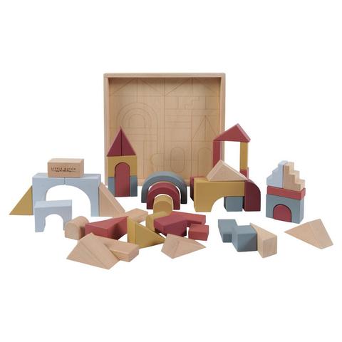 LD4704 LITTLE DUTCH.  Wooden building blocks Pure & Nature - Create the most wonderful figures and buildings with these nostalgic, yet modern building blocks from Little Dutch’s Pure & Nature Collection. The blocks have different geometrical shapes and are stored in their own open wooden box. With these coloured blocks, children can use their imagination to invent whatever comes to their mind. This promotes hand-eye coordination and fine motor skills. The set encourages children’s play development and guarantees hours of building fun.