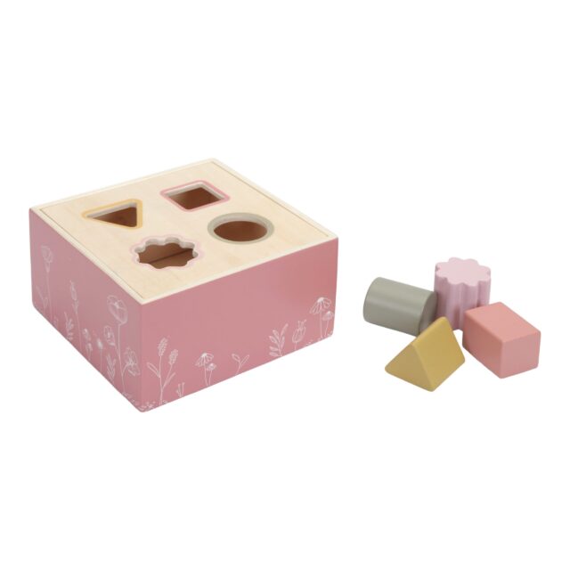 LD7022 LITTLE DUTCH.  Shape Sorter Wild Flowers - The wooden shape sorter is a creative sorting game for children. They learn to recognize and match shapes and colours, while fine-tuning their hand-eye coordination. The box is illustrated with flowers and insects of the Wild Flowers collection and made of sturdy wood. Little hands will easily grasp the shapes to push them into the correct opening. This classic toy is educational and fun at the same time!                                                               Dimensions