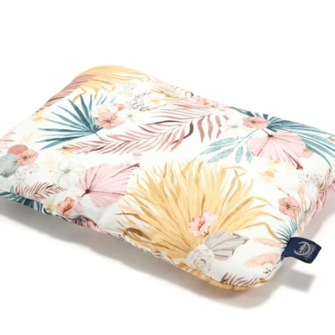 MID PILLOW 30×40 BOHO PALMS LIGHT - Ideal pillow for sleeping, relaxing moments and baby massage. Comfortable, soft and at the same time of low thickness, as ideal baby and children's pillows should be. An excellent choice for the cot  (having adjusted the back for the sleeping position). Create your own La Millou Set by combining with winter or summer bamboo cover of the same design. High quality cotton fabric and soft "Fluffy" material was used to create the Mid Pillow as the inner filling. All certified with OEKO TEX 100 Dimensions: 30 cm x 40 cm
