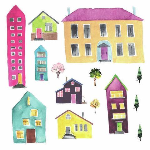 Seconds image for RMK4011 RoomMates. Wall Stickers "Painted buildings" - Decorate the room in your own personal, elegant way with the help of RoomMates' quality stickers! RoomMates stickers leave no marks when removed.