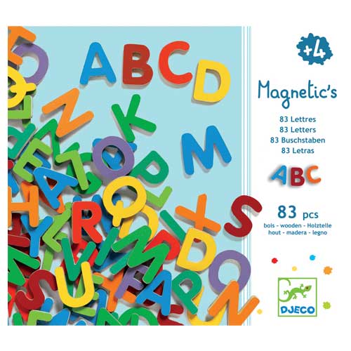 Djeco Wooden magnets 'Latin capital letters' 83 pcs. - The magnetic set 'little letters' by Djeco will amaze our little ones. In the most  funny way children have the opportunity to learn the Latin alphabet and play with word composition. The set includes 83 pieces. Suitable for children from 4 years old and up. Packaging dimensions: 21,8x 18,8x 3 cm.