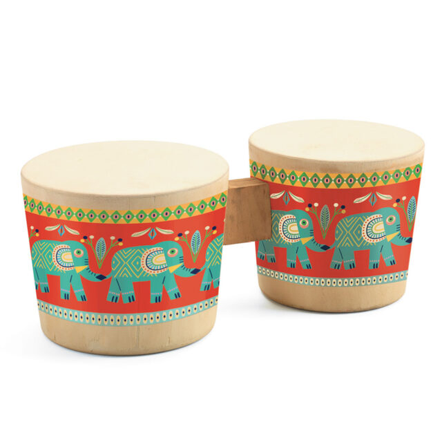 Djeco Drum 'Bongo' - Wooden bongo drums by the company Djeco. Get into the rhythm with the help of the imaginative elephant drums illustrated by Magali Attiogbe. Dimensions: 26x12x10 cm.