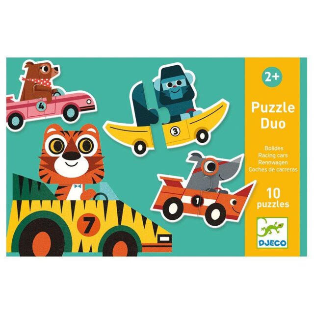 Djeco 10 Duo Puzzles 'Racing cars' - Search through the pile, match the pieces and get ready for a car race with animal drivers! A Djeco puzzle from the Puzzle Duo range, with big, chunky puzzle pieces, perfect for little hands! The pack contains 10 pieces, 5 pictures of two pieces. Suitable for ages 2 years and up. Packaging dimensions: 18 x 5,5 x 12 cm.