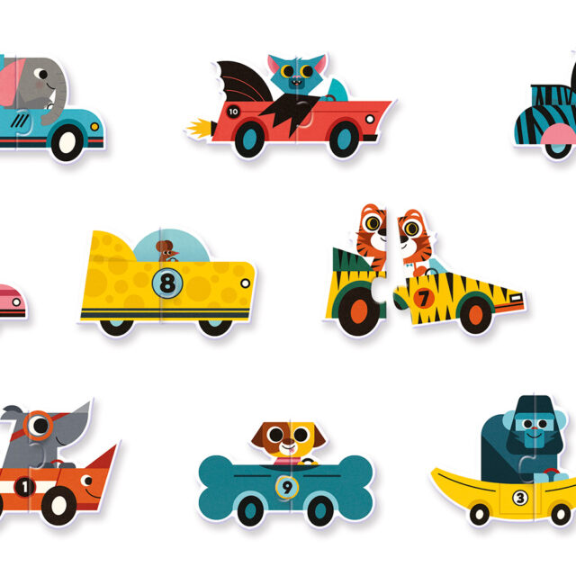 Third image for Djeco 10 Duo Puzzles 'Racing cars' - Search through the pile, match the pieces and get ready for a car race with animal drivers! A Djeco puzzle from the Puzzle Duo range, with big, chunky puzzle pieces, perfect for little hands! The pack contains 10 pieces, 5 pictures of two pieces. Suitable for ages 2 years and up. Packaging dimensions: 18 x 5,5 x 12 cm.