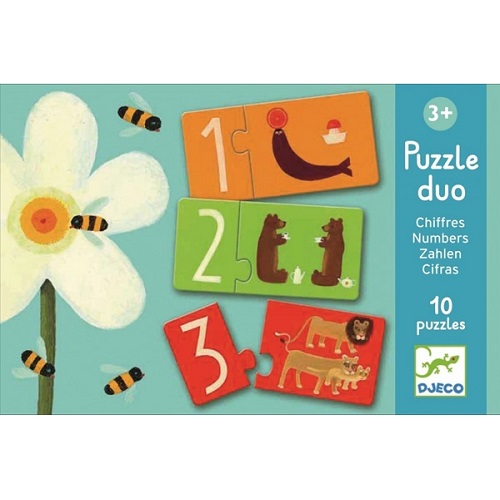 Djeco 10 Duo Puzzles 'Learning numbers' - We learn the quantity and the number. By constructing the puzzles you can learn the first numbers! Puzzles made of thick pressed cardboard by Djeco. Included are 10 puzzles consisting of 2 pieces each. Suitable from 3 years and up.