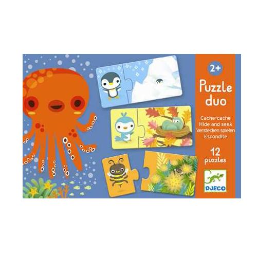 Djeco 12 Duo Puzzles 'Animals playing hide and seek' - The Djeco company has created the first children's puzzles with bright colours and fun representations! Included are 12 puzzles consisting of 2 pieces each. Made of thick pressed cardboard to ensure quality and enjoyable play for children. Suitable from 2 years and above.