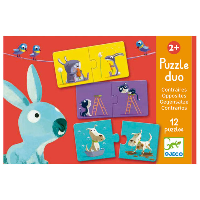 Djeco 10 Duo puzzles 'Opposites' - We learn the opposites! Puzzles made of thick pressed cardboard by Djeco. Included are 12 puzzles consisting of 2 pieces each. Suitable from 2 years and up.