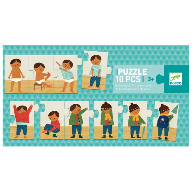 Djeco Puzzle 'Learn to dress' - Educational puzzle 'Learn to dress up' by Djeco. It consists of 10 pieces made of durable pressed cardboard and helps develop the child's logical thinking and memory. A matching game in which children assemble the cards to create their morning routine. Suitable for children over 3 years old. Package dimensions: 22 x 12 x 6 cm.