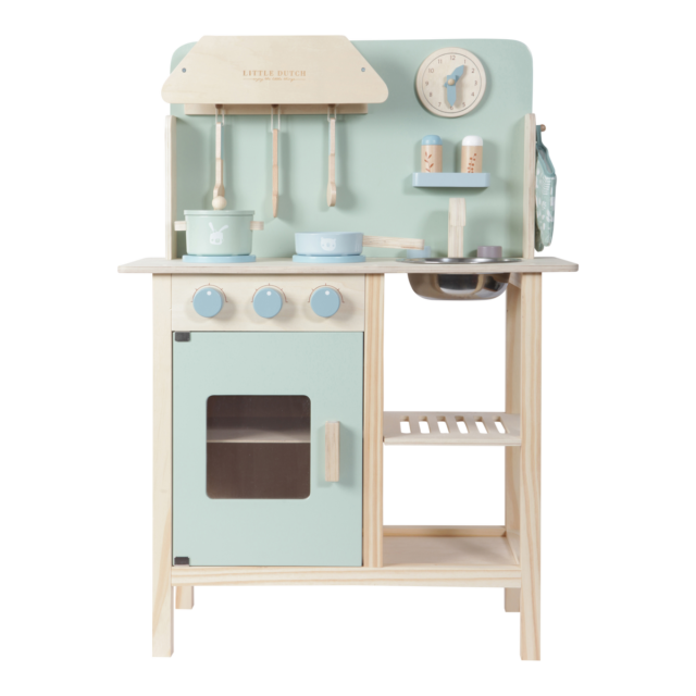 LD4433 LITTLE DUTCH. Toy kitchen mint - he Little Dutch wooden toy kitchen fits in any living room or play area and is ideal for every child to play with. The play kitchen consists of an oven with a door, a storage shelf, a sink with a tap, a clock and a stove with two hobs. Your child can immediately start cooking with the appropriate utensils, pans, oven glove and a salt and pepper set. The knobs of the gas cooker and oven make clicking noises when they are turned. The little chef can enjoy baking and roasting in this fully equipped Little Dutch kitchen. Extra height adjusters (6 cm) are included to slide under the legs, so your child can enjoy many years of cooking fun. WARNING: Not suitable for children under 3 years due to small parts. Choking hazard.