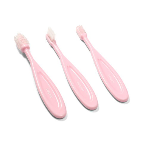 BabyOno: Set of 3 toothbrushes from 3 months – Pink - They gently remove food residues from children's teeth.