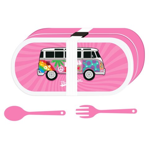 Bento Box Lunch Set – VW T1 Summer Love - Το τάπερ αυτο αποτελείται από 2 διαφορετικά μέρη φαγητου και περιλαμβάνει και μαχαίρι με κουτάλι. Κλείνει με λάστιχο για καλύτερη ασφάλεια.