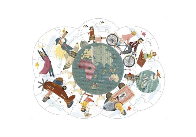The central image is double-sided with half of the world map on one side and the other half on the other side.