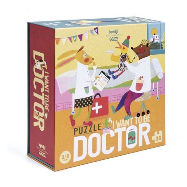 PZ361U Londji Puzzle I want to be a doctor 36 Pieces - In this medical clinic the the little duck will get the best care from the bear doctor and all his helpers like the piggy, the monkey and the fox with the rollers!