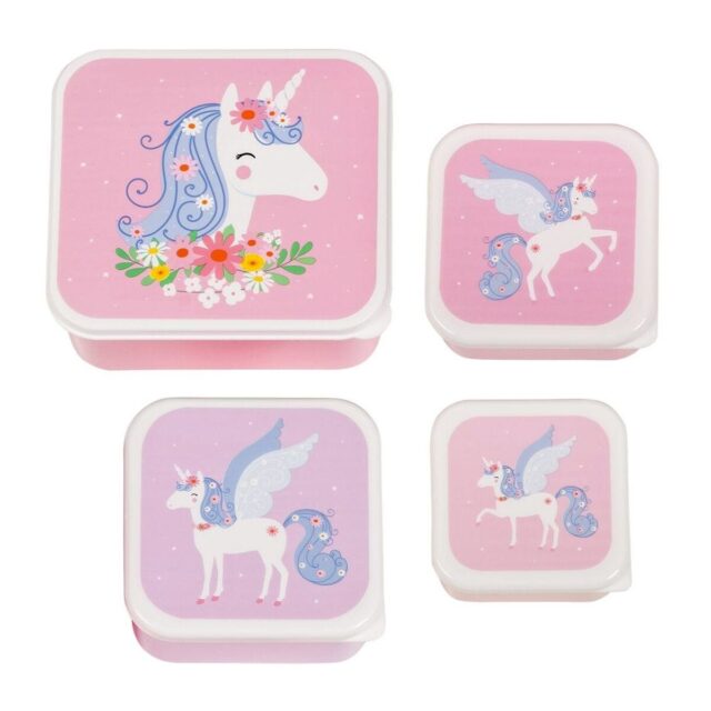 A little lovely company Lunch & snack box set: Unicorn - Keep your favourite snacks in this lunch & snack box set with unicorn theme. Fruit, veggies, cookies, candy, as well as your sandwiches can easily fit in one of these boxes. These lovely lunch & snack box sets include four different container sizes with a unique unicorn design. Great for school lunches and snacks on the go.The lunch & snack box set is made with BPA and Phthalate free polythene. This material is not dishwasher or microwave safe.