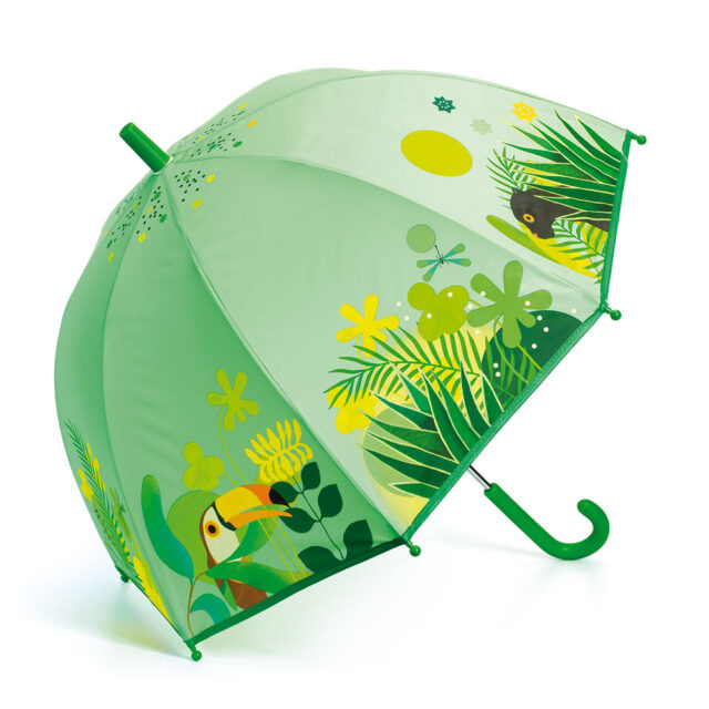 Djeco Kid's Umbrella 'Jungle' 70cm. - Autumn days will become colourful and lively with the Djeco umbrella range! The "Jungle" umbrella has cheerful matte colours, the frame is made of fibreglass and has a safe opening system to prevent injury. Get ready for the most beautiful rides! Suitable for ages 3 and up. Dimensions: 70 x 68 cm