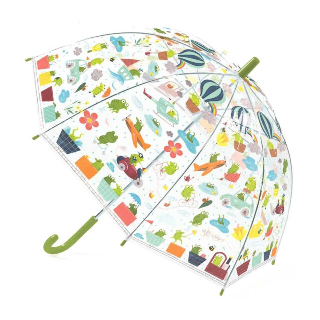 Djeco Kid's Umbrella 'Frogs' 70cm. - Transparent umbrella by Djeco with bright colors and patterns for our little friends! Happy little frogs travel by all means of transport! Dimensions 70x68 cm Age 4-10 years.