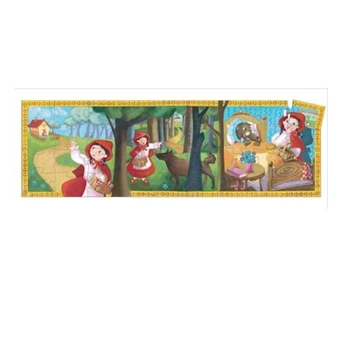 Seconds image for Djeco Puzzles in schematic box 36 pcs. 'Little Red Riding Hood' - So the little red riding hood set off for the forest because her grandmother was waiting for her in the little house. If you want to see the continuation of the fairy tale, then this puzzle is the most suitable as it shows us scenes from the well-known fairy tale. A 36-piece shaped puzzle by the French company Djeco, suitable for children over 4 years old.