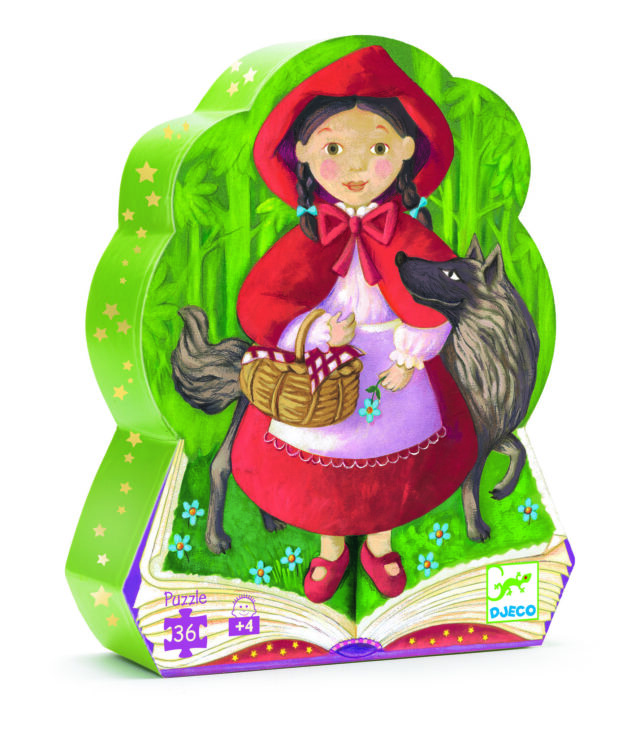 Djeco Puzzles in schematic box 36 pcs. 'Little Red Riding Hood' - So the little red riding hood set off for the forest because her grandmother was waiting for her in the little house. If you want to see the continuation of the fairy tale, then this puzzle is the most suitable as it shows us scenes from the well-known fairy tale. A 36-piece shaped puzzle by the French company Djeco, suitable for children over 4 years old.