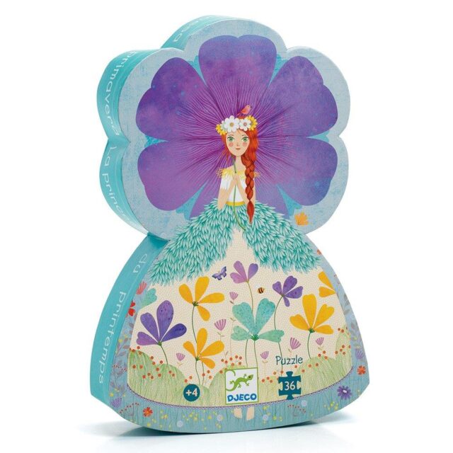 Djeco Puzzles in schematic box 36 pcs. 'Princess of Spring' - Spring has finally come and the beautiful princess went out to enjoy nature in the blooming garden! A colourful Djeco puzzle with 36 pieces, ideal for a gift, with a princess-shaped box that can decorate the children's room! Age: from 4 years