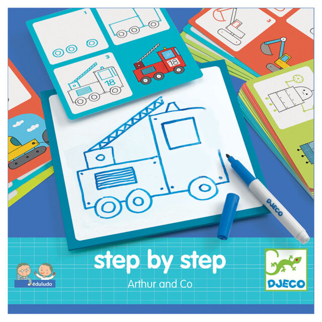 Djeco step-by-step painting 'Vehicles' - Draw your own fairy tales with the Djeco painting set! It shows our little artists step by step how they can learn to draw in three stages! The set includes 12 double-sided cards, 1 drawing board, a marker and the special wipe cloth to erase the board. Suitable from 4 to 7 years old.