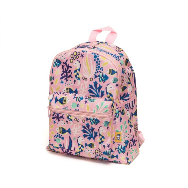 Petit Monkey-Backpack under the sea pink - This fresh under the sea backpack with seahorses, fishes and under water plants on a lovely soft pink ground is made of a firm 420D oxford fabric + PVC coating + matching lining.