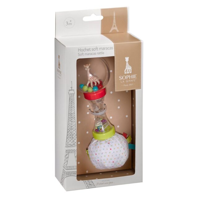 Sophie giraffe soft maraca rattle - A light transparent rattle in the form of a maraca. Small and medium balls bounce around Sophie as your baby plays and wiggles her favourite rattle. Your baby adores the constant movement of the colors as he spins and waves his rattle. The other side is a soft cloth crunchy ball that sounds like it's being crunched the more it's tapped, and of course your baby won't stop sucking and responding to the sounds of his play.