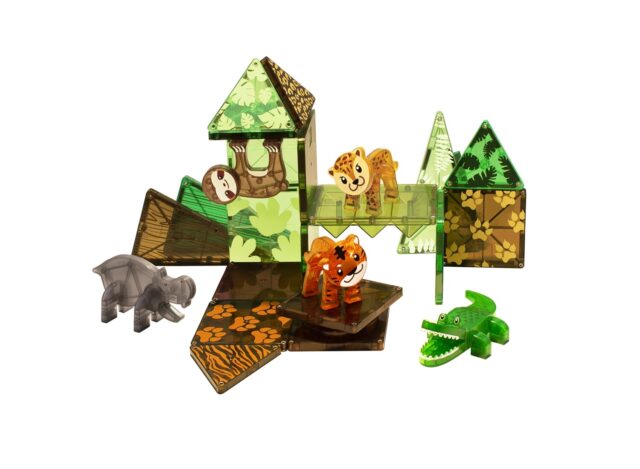The Magna-Tiles® Jungle Animals 25-Piece Set is made with food-grade ABS plastic that’s free of BPA, latex, and phthalates for child-safe play. Designed to withstand years of dramatic play, the translucent pieces come in solid and patterned designs and include magnetic animal friends, so curious kids can bring a whole new habitat to life. Plus, each box displays fun facts about jungle animals that provide children with information about the included creatures, fostering an interest in science, animals, and more.