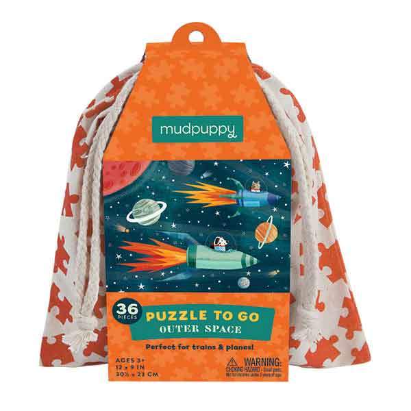 MUDPUPPY. 36-piece Outer Space Puzzle To Go - Puzzling on the move has never been easier with Mudpuppy's Outer Space To Go. Packaged in a travel-friendly drawstring pouch, this puzzle will take you to other galaxies with it's bold rocket illustrations.