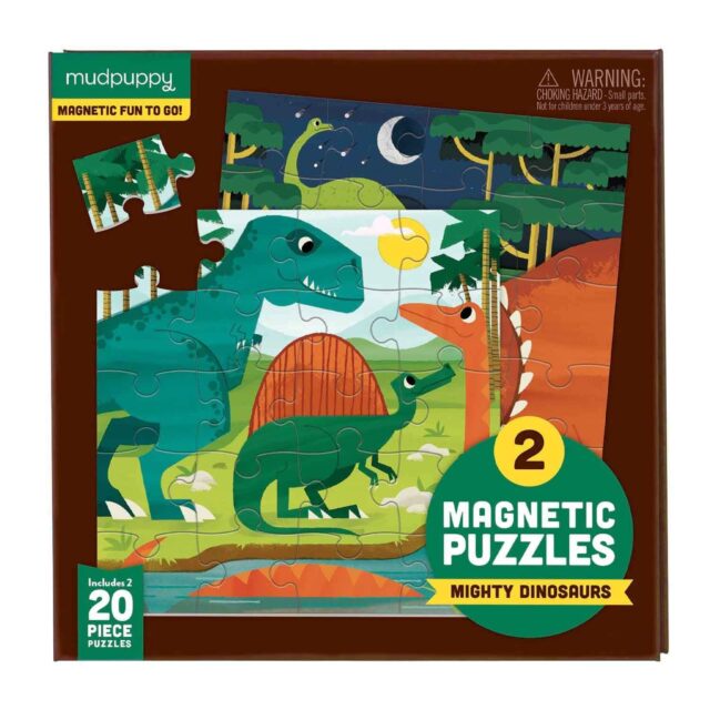 MUDPUPPY. Mighty Dinosaurs Magnetic Puzzle - Part of the Mudpuppy to Go series, Mighty Dinosaurs Magnetic Puzzles provides children with a fun and easy way to puzzle on the go! The portable tri-fold portfolio package includes 2 puzzles, each with 20 magnetic puzzle pieces. The puzzle pieces stick to the magnetized portfolio so there is no slipping or lost pieces. The portfolio also includes an extra magnetic surface in case it’s time to pack up before the puzzles are complete.