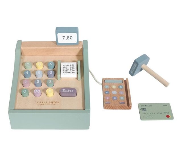 LITTLE DUTCH. Toy cash register with scanner - This well-designed wooden toy cash register is perfect for hours of enjoyable role play. The Little Dutch cash register includes a scanner, push button numbers, a cash drawer, toy money and a payment card option. Available in a lovely mint colour. WARNING: Not suitable for children under 3 years due to small parts. Choking hazard.