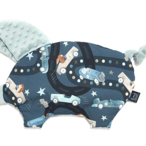 SLEEPY PIG ON THE ROAD – SMOKE MINT - Original cotton baby pillow with plush ears and tail that calm and lull babies to sleep....