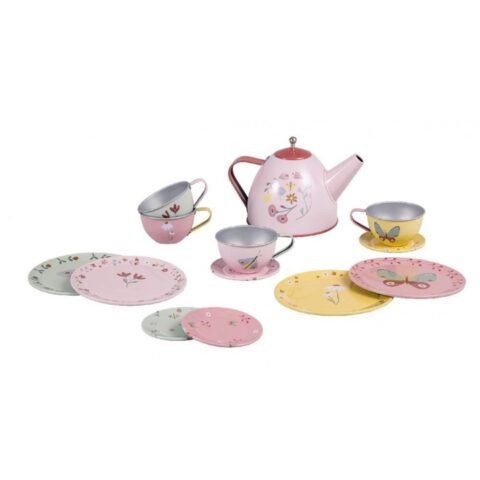 Tin tea set Flowers & Butterflies - Let's have some tea together! Join your child in a wonderful role-playing tea party with this lovely tin tea set illustrated with flowers and butterflies. This tea set sparks children's imagination and stimulates their fine motor skills. The set consists of four small tea cups, four saucers, four pastry plates and a teapot with lid. For children from the age of 3 years. WARNING: Do not use with real food/water or a real stove/oven.
