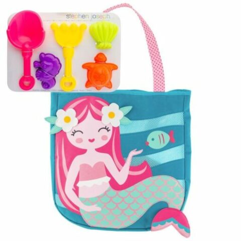 Τσάντα μπλε με γοργόνα σε ροζ και παιχνιδάκι σε διάφορα χρώματα