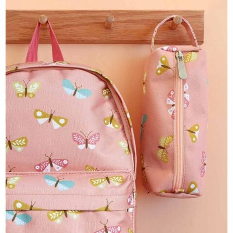 Pink bag and case with butterflies. Hanging