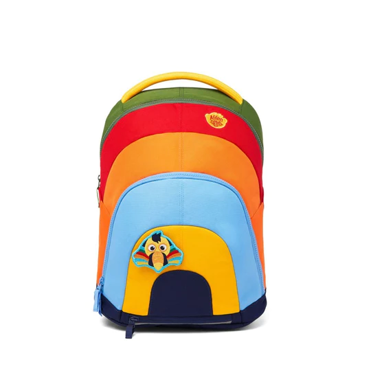 Bag with many colors in stripes and a beautiful toucan that goes in and out with velcro