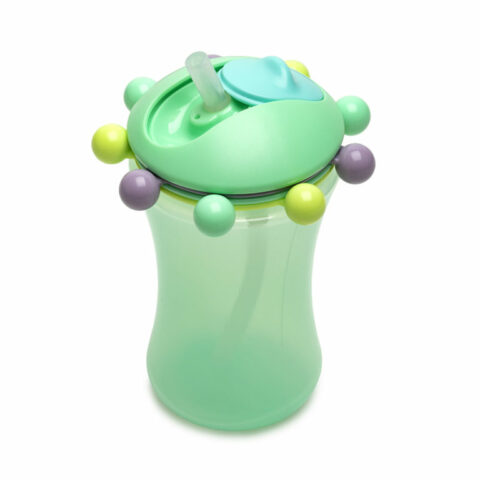 Ποτήρι πράσινο με χάντρες κιτρινες,μωβ και πράσινες που κουνιούνται για παιχνίδι